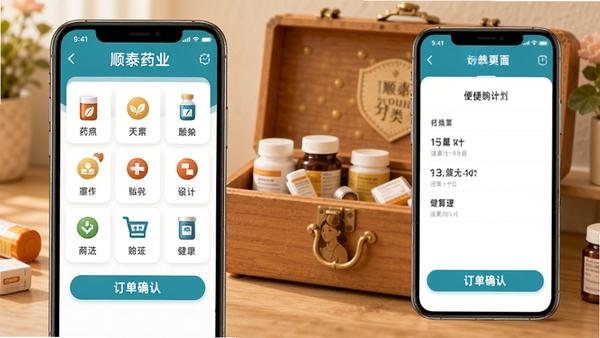 顺泰药业app药品分类导航界面与购物车结算页面合成图,画面中手机屏幕展示各类药品图标和订单确认按钮,背景为温馨的家庭药箱场景,体现便捷购药与健康管理主题