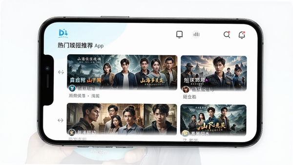 山海短剧APP界面展示,手机屏幕中显示热门短剧推荐列表,高清画质,简洁UI设计,现代风格,明亮色调