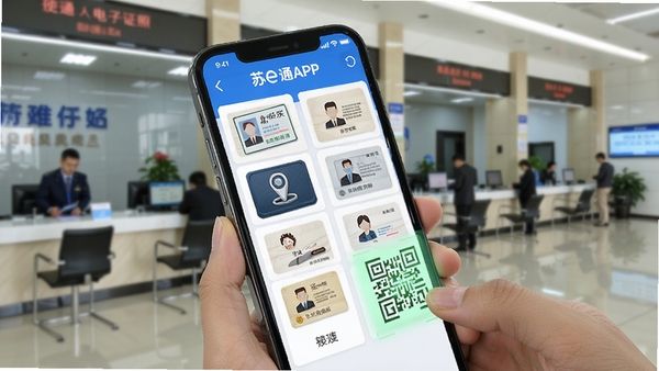 苏e通APP电子证照功能展示,手机屏幕显示多种电子证件卡片式排列,包含身份证、驾驶证等图标,用户正在扫码使用,背景为政务大厅场景,突出便捷高效