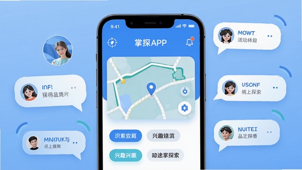��̽APP������չʾ��������ɫ�����ֻ���Ļ�г���̽����ͼ����Ȥ��ǩ����Χ�������û�ͷ��Ͷ�̬���ݣ��������ִ���Լ��ͻ������̽������