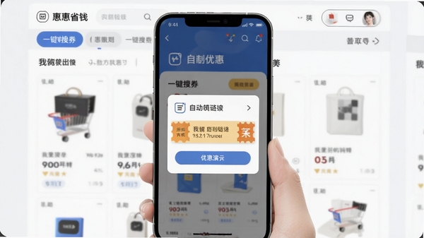 我惠省钱一键搜券功能演示,手机屏幕显示复制链接后自动弹出优惠券弹窗,背景为简洁的电商购物界面,突出便捷操作