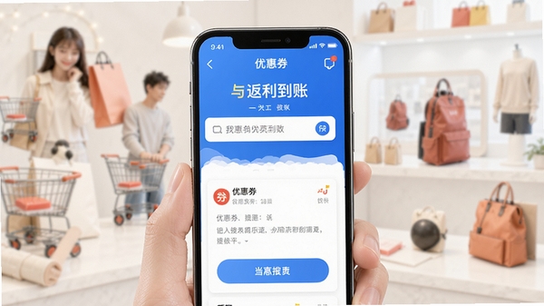 我惠省钱APP界面展示,手机屏幕中呈现优惠券搜索与返利到账画面,背景为电商购物场景,风格清新明亮,突出省钱主题