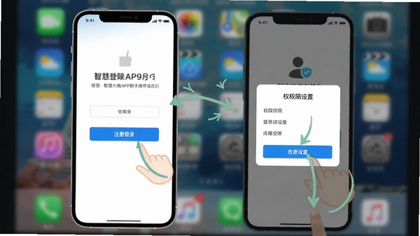 智慧大院APP新手操作指引界面,手机屏幕中展示注册登录页面和权限设置弹窗,用户正在按照提示进行操作,界面简洁明了,带有指引箭头和文字说明,背景为手机桌面环境,突出新手引导的便捷性