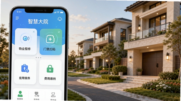 智慧大院APP首页界面展示,现代化社区生活服务平台,手机屏幕中呈现物业报修、门禁扫码、费用缴纳等功能模块,背景为温馨的现代住宅小区,整体风格简洁清新,突出科技感与生活气息,软件名称“智慧大院”清晰可见