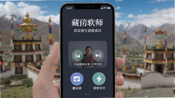 藏语配音大师手机界面展示,藏汉双语翻译与语音合成功能,简洁现代风格,突出软件名称与核心功能图标