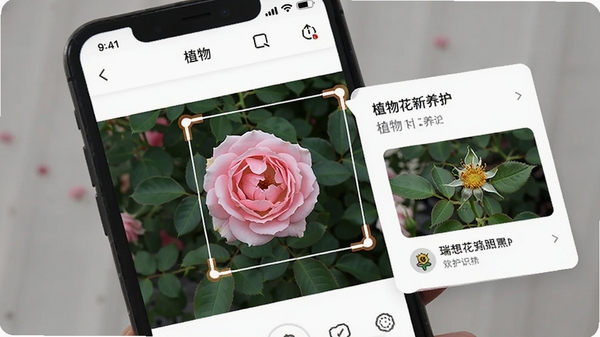 ���뻨��������ʶ������չʾ���ֻ���Ļ����ʾһ���ɫ�¼�����ʶ���ѡ�У��Աߵ���ֲ��������������Ƭ�������Ǽ��İ�ɫ���棬������������Ȼ