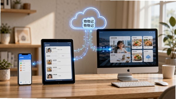物物记多设备同步示意图,手机、平板、电脑之间数据流转,物品信息在云端汇聚,科技感与生活感结合