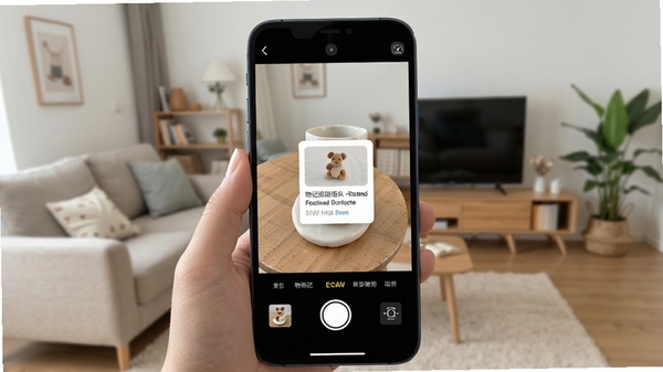 物物记拍照录入功能界面,手机对准物品拍摄,屏幕上显示自动生成的物品信息卡片,背景是整洁的家居环境