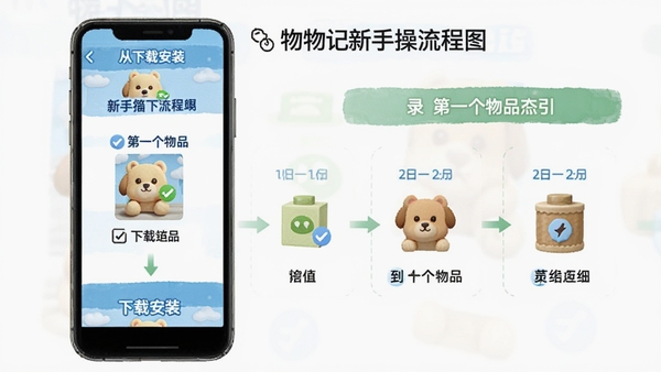 物物记新手操作流程图,手机屏幕显示从下载安装到录入第一个物品的步骤指引,简洁明了的教程风格