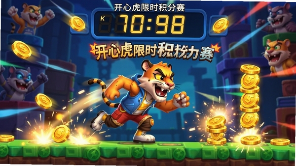 开心虎限时积分赛界面,倒计时显示在顶部,玩家角色快速收集金币,背景有动态特效,紧张刺激的游戏氛围