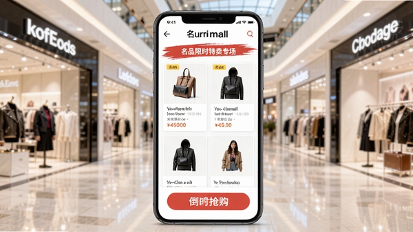 名品mall限时特卖专场界面,手机屏幕展示品牌折扣商品列表与倒计时抢购按钮,背景为明亮的购物商城风格