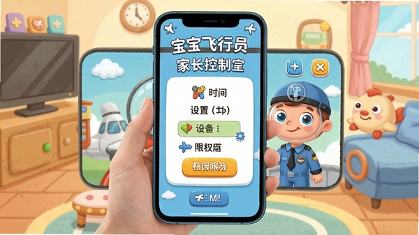 宝宝飞行员家长控制界面,手机显示游戏时间设置与权限管理,卡通风格