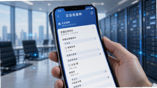 企业名录软件手机界面展示全国企业数据筛选功能,蓝色商务风格,科技感十足