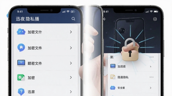 迅夜隐私播手机端主界面截图,展示加密文件列表与安全锁图标,突出隐私保护主题