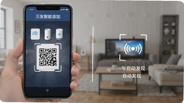 ��������APP�豸���ӽ��棬չʾɨ�����Զ����ֹ��ܣ��ֻ���Ļ��ʾ�����豸ͼ��