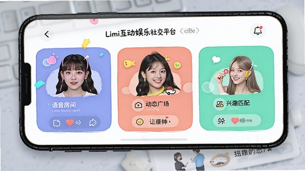 Lmi互动娱乐社交平台界面展示,手机屏幕中呈现语音房间、动态广场与兴趣匹配三大核心功能模块,界面风格清新活泼,年轻化设计,高清晰度UI截图风格
