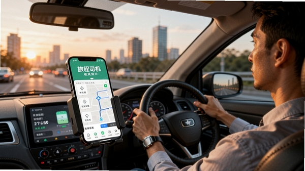 �ó�˾�����ٰ�AI��ͼ��ʾ�ʣ�һλ˾�����ڼ�ʻ�����ֻ�֧������ʾ�ó�˾�����ٰ�APP�ĵ������棬�������ǳ��лƻ辰ɫ��������ܰרҵ