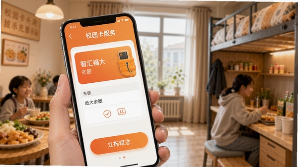 �ǻ㸣��APPУ԰��������棬�ֻ���ĻչʾУ԰�����ͳ�ֵҳ�棬ůɫϵ��ɫ��ʳ�û����᳡��������������ť��Ŀ���û������Ѻ�