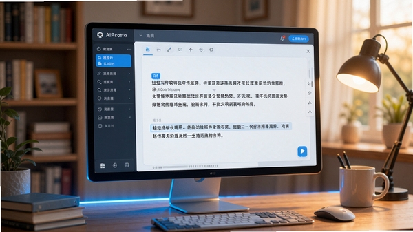����д������������չʾ���ִ�����AIд�����ߣ���Ļ����ʾ�������ɵ����ֶ��䣬��������ܰ���鷿��������ɫ�Ƽ��й�Ч������UI���ͼ