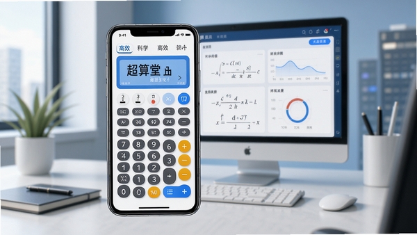 超算堂软件主界面展示,手机屏幕显示科学计算器与公式求解功能,界面简洁清新,蓝色主题色调,背景为现代办公桌面,突出高效计算工具定位