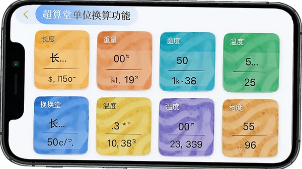 超算堂单位换算功能界面,展示长度、重量、温度等多类别换算选项,界面以卡片式布局呈现,配色清爽,手机屏幕显示换算结果,体现便捷实用的工具属性
