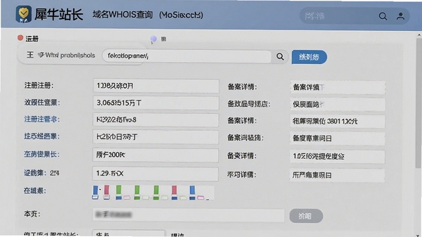 犀牛站长域名WHOIS查询界面,展示注册信息与备案详情