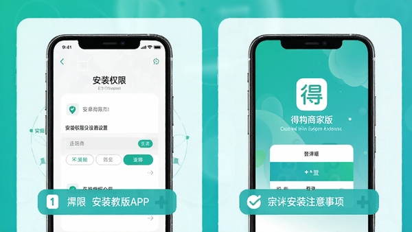 得物商家版APP安装教程示意图,手机屏幕显示安装权限设置界面和APP登录页面,背景为青绿色渐变,配有简洁的步骤标注,突出安卓手机安装注意事项,适合下载站教程配图使用
