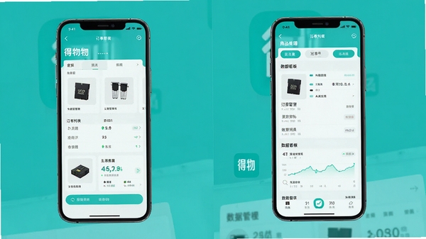 得物商家版APP界面展示图,手机屏幕中显示商品管理、订单列表、数据看板等模块,背景为得物品牌标志性的青绿色调,整体风格简洁专业,突出移动端店铺管理场景,画面清晰明亮,适合下载站配图使用