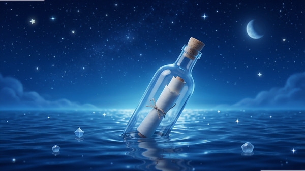 私密漂流瓶 2.2.0 官方正版下载 匿名社交倾诉工具 手机界面展示 蓝色治愈系风格 漂流瓶在星空海面漂浮 高清应用截图
