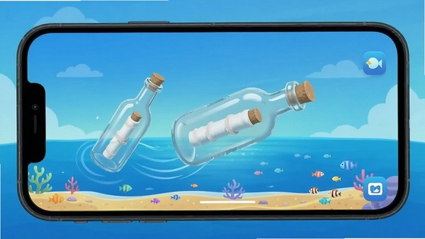 私密漂流瓶 匿名投放 随机捞取 手机屏幕展示 虚拟海洋场景 蓝色渐变背景 漂流瓶动画效果 社交应用界面