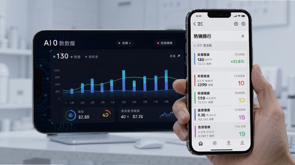 我的店铺新版数据看板AI生图,手机展示营业数据图表与热销排行,商业科技感