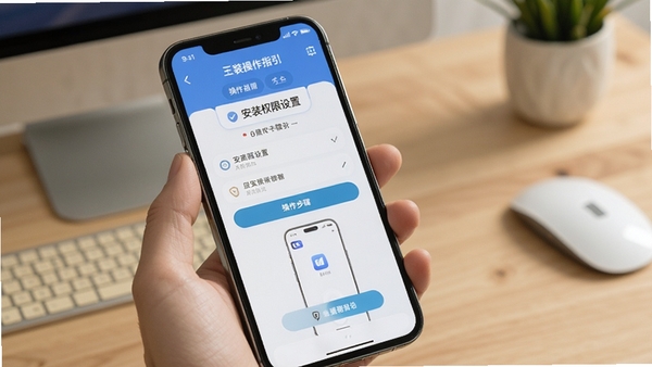 我的店铺新版新手操作指引AI生图,手机屏幕展示安装权限设置与操作步骤提示