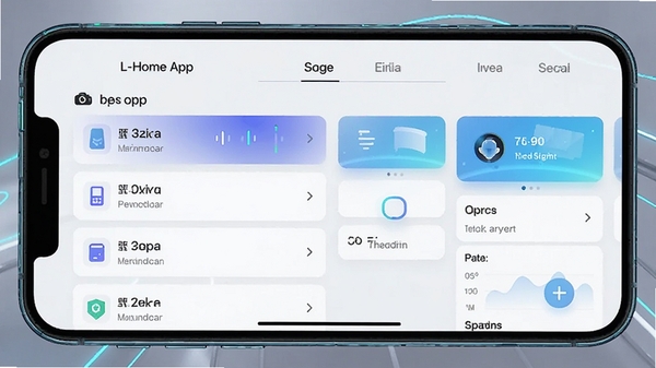 L-Home App操作界面截图,展示设备列表与场景设置页面,手机边框,简洁科技感