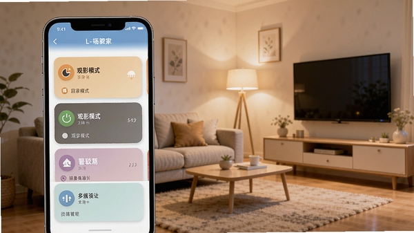 L-Home智能家居App场景联动界面,手机屏幕显示回家模式、观影模式等场景卡片,温馨客厅背景,现代简约风格