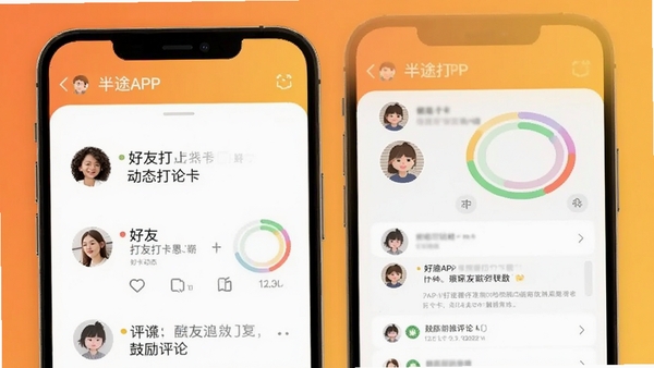 半途APP社交监督功能界面,展示好友打卡动态与鼓励评论,画面中有多个用户头像和彩色进度环,背景为温暖的橙黄色渐变,突出互动与激励感