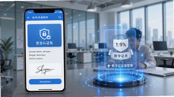 协同签名软件官方主界面展示,手机屏幕显示电子签名操作界面,背景为现代化办公环境,突出安全认证与数字证书管理功能,画面简洁专业,带有蓝色科技感光效