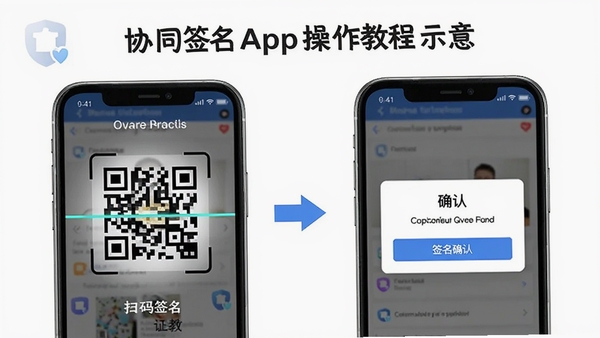 协同签名App操作教程示意图,展示手机端证书下载与扫码签名步骤,包含二维码扫描界面和签名确认弹窗,画面清晰直观,带有协同签名标识