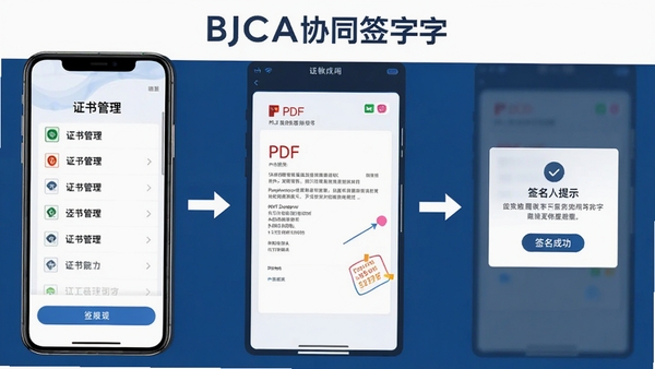 协同签名软件功能展示图,展示手机端电子签名操作流程,包含证书管理列表、PDF文档签名界面、签名成功提示,画面带有BJCA协同签名字样,风格专业简洁