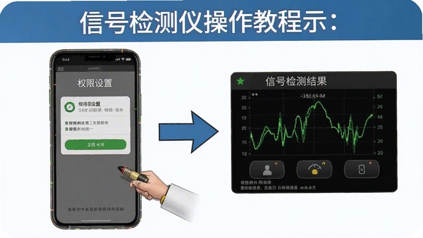 信号检测仪操作教程示意图,手机屏幕显示权限设置界面与信号检测结果,搭配箭头指引操作步骤