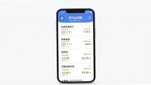 鸿飞达司机app货源列表界面截图,展示多条货运订单信息,包含出发地目的地货物类型运费金额,手机屏幕显示,简洁现代UI风格