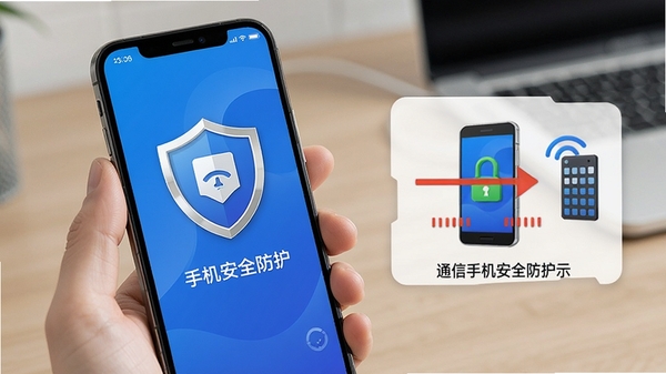 一信盾手机安全防护界面展示,盾牌图标与通信拦截示意图