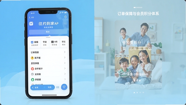 往约到家APP订单保障与会员积分体系界面