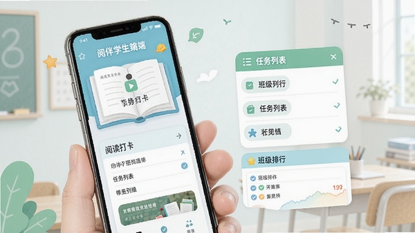 阅伴学生端软件界面展示图,包含阅读打卡、任务列表、班级排行等核心功能模块,清新教育风格,手机屏幕展示
