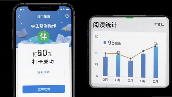 阅伴学生端移动端操作界面截图,展示打卡成功页面和阅读统计图表,手机竖屏展示