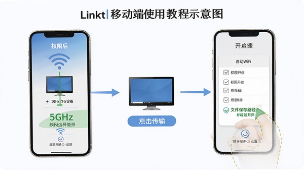 Linkt�ƶ���ʹ�ý̳�ʾ��ͼ��չʾ�ֻ�����WiFi���Զ������������豸��������䡢�ļ�����·�����õ��������裬�����עȨ�޿���λ�ú�5GHzƵ��ѡ����ʾ