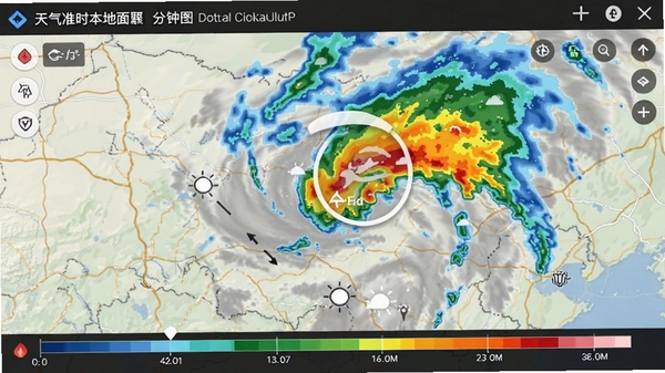 天气准时本地预报的分钟级降水雷达图界面,显示用户当前位置和周围降雨云团的移动趋势,带有时间轴和降水强度色块