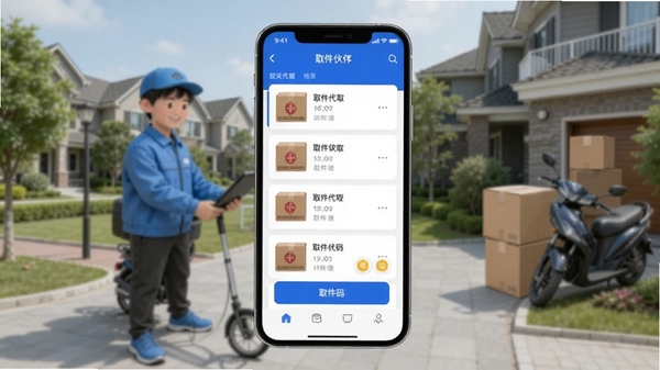 取件伙伴软件界面展示,社区快递代取场景,手机屏幕显示包裹列表和取件码,科技感蓝色调,简洁扁平化设计风格
