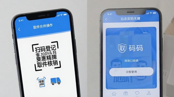 取件伙伴移动端操作界面截图,展示扫码登记和取件码核销流程,手机屏幕特写,简洁明了的UI设计,蓝色主题色