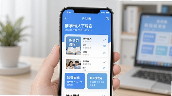 惟学惟人app官方正版下载安装界面展示,手机屏幕显示学习课程列表与知识卡片,清新蓝色主题,现代教育风格,高清UI截图
