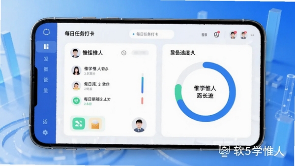 惟学惟人软件学习计划管理界面AI生图,手机展示每日任务打卡与进度环形图,教育科技感,明亮色调,带软件名称水印